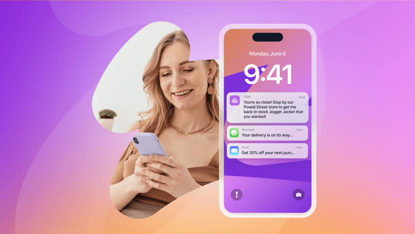A smiling woman holding a smartphone, with a graphic of a phone screen next to her showing notifications.