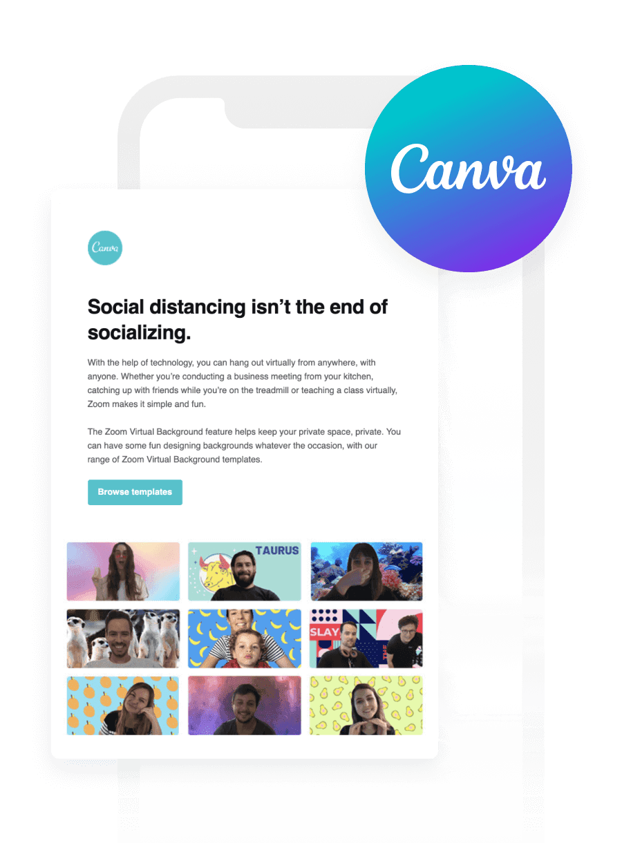 an email from canva explains that social distancing isn 't the end of socializing
