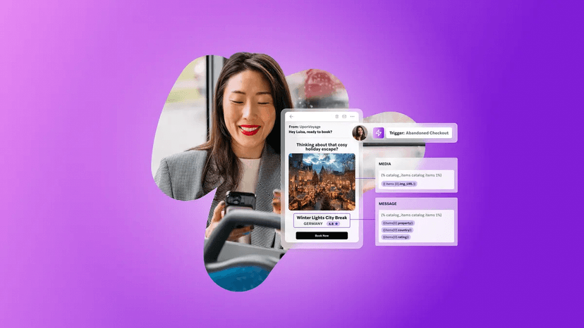 Uma mulher sorridente usa um smartphone que exibe uma oferta de viagem, com elementos de interface do usuário sobrepostos para um gatilho de carrinho abandonado e mensagens.