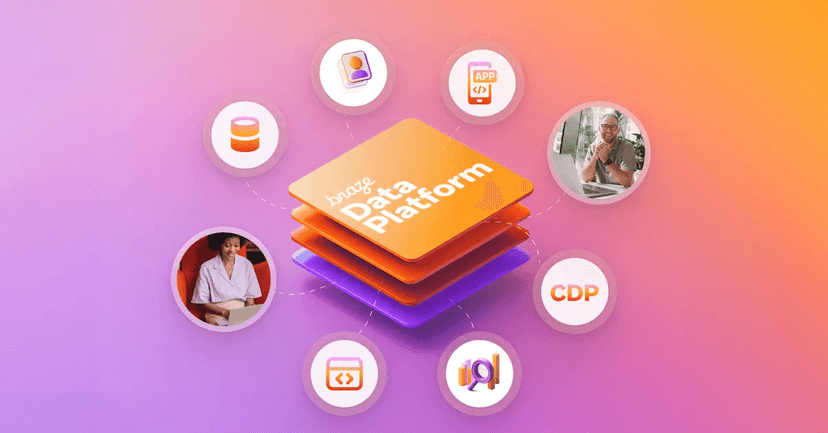 Conceptual diagram of the Braze Data Platform as a central hub, integrating various data sources, applications, CDP, analytics, and user profiles, with people using laptops.