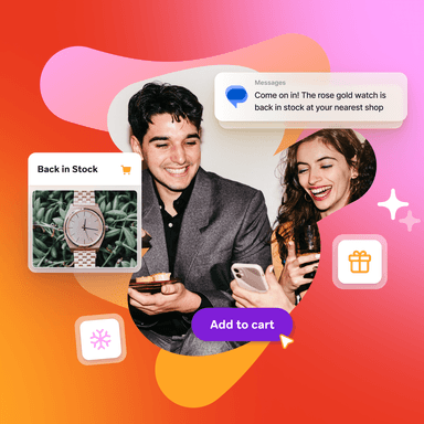 Two people surrounded by back in stock messages, a snowflake icon, and a present icon