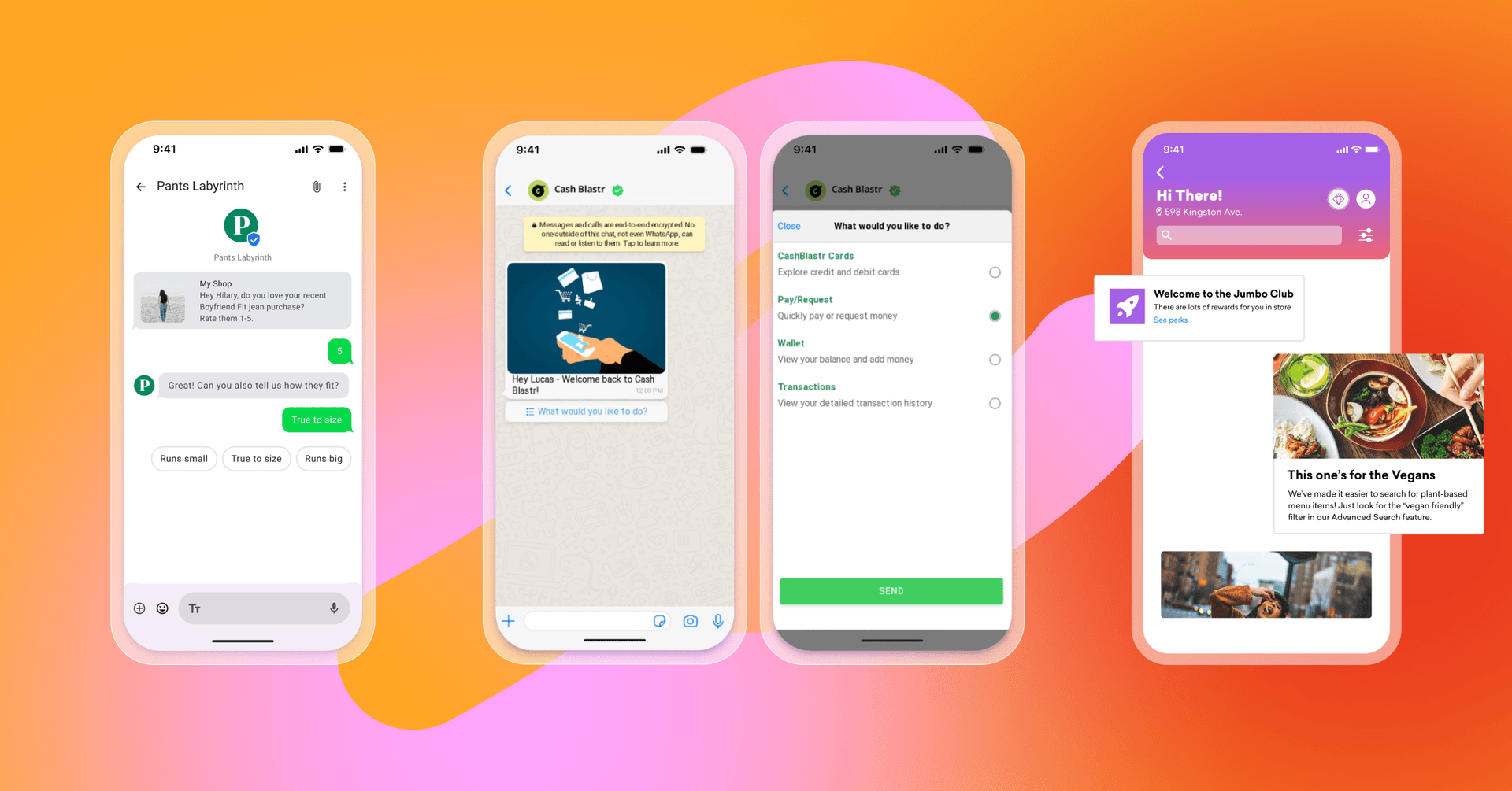 four cell phones are displayed on a pink and orange background