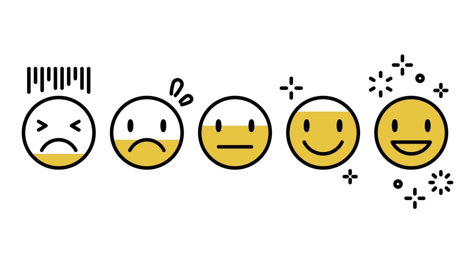 a row of yellow smiley faces with different facial expressions on a white background .
