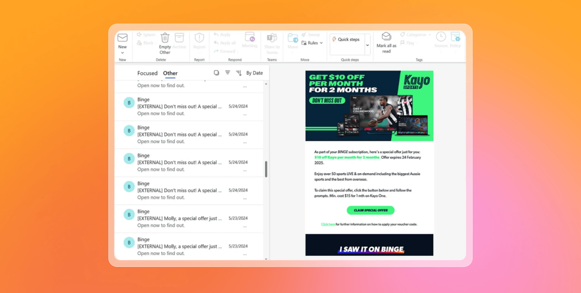 An email from Kayo with get $10 off per month for 2 months