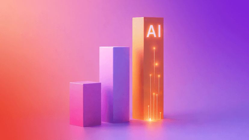 Three colorful bars of increasing height; the tallest orange bar features glowing 'AI' text and light trails representing growth.