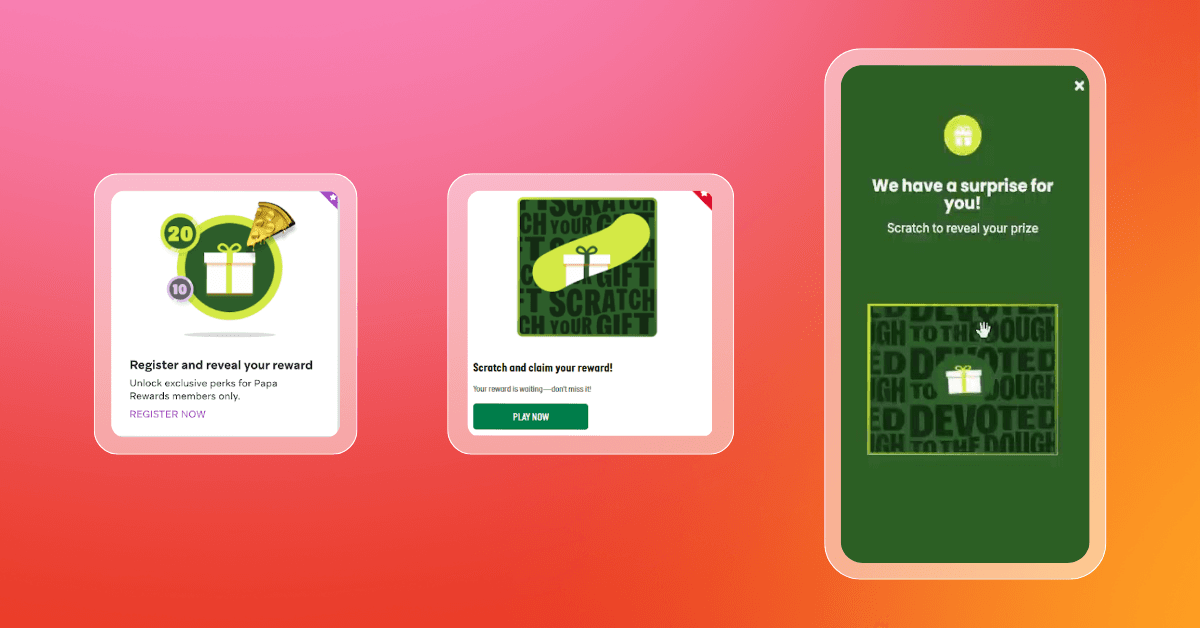 Three stages of a digital scratch-off reward program, from registration to revealing a prize on a smartphone screen.