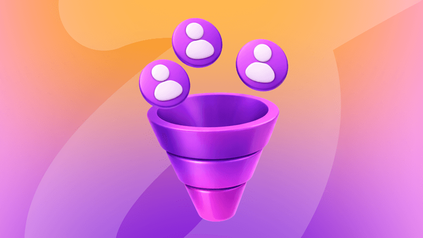 Three purple 3D user icons above a marketing funnel.