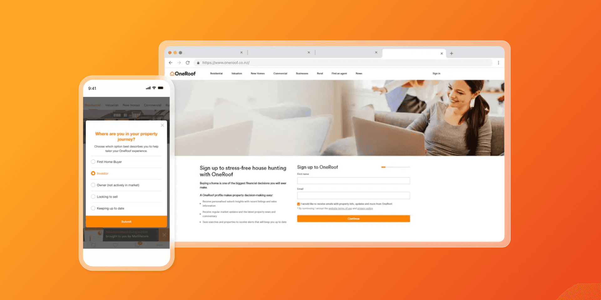 a woman is sitting on a couch with a laptop and a sign up page on a phone