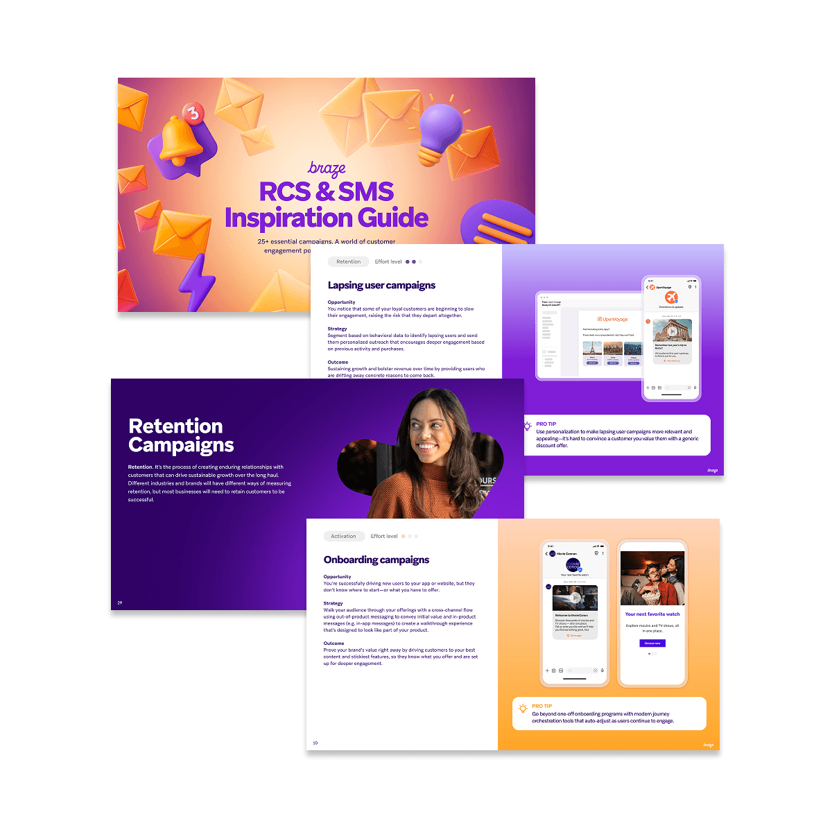 Pages from the Braze RCS & SMS Inspiration Guide, displaying sections on user campaigns, retention, onboarding, and mobile app screenshots.