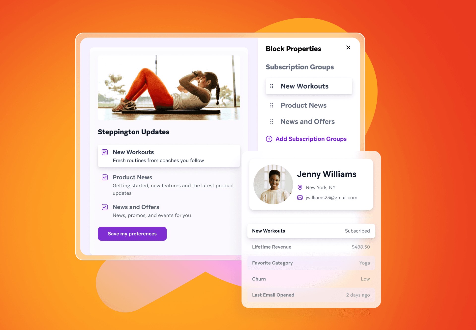 A user interface displays subscription settings, including a "Steppington Updates" panel with checkboxes for "New Workouts" and "Product News," alongside a user profile card for "Jenny Williams" showing her subscription details and activity.