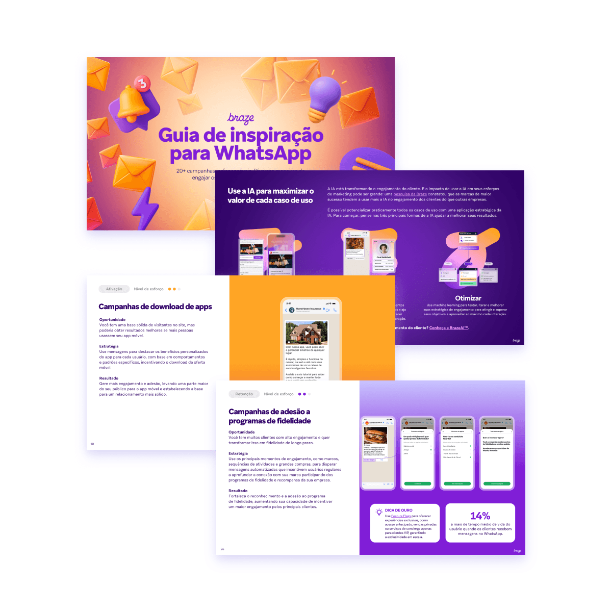 Multiple pages of the "Braze WhatsApp Inspiration Guide" are displayed, showing text, graphics, and mobile phone screenshots demonstrating WhatsApp campaign strategies.