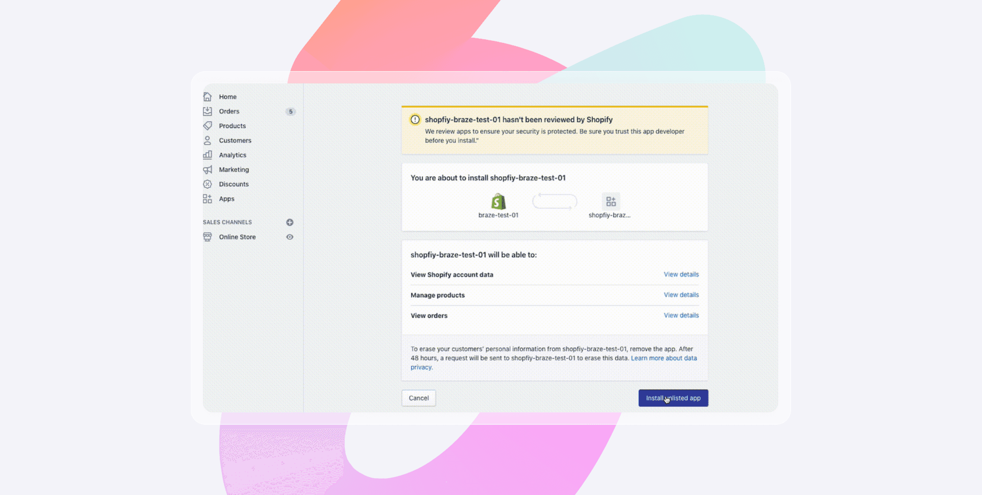 a screenshot of a shopify website with a warning message