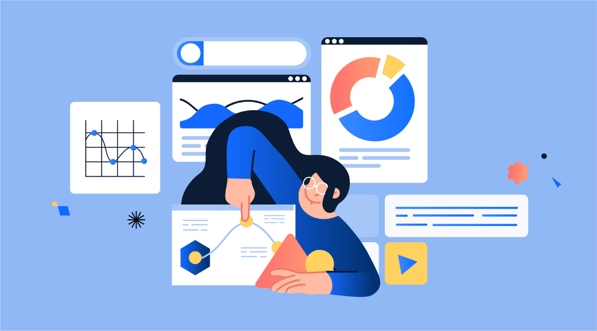 an illustration of a woman surrounded by charts and graphs