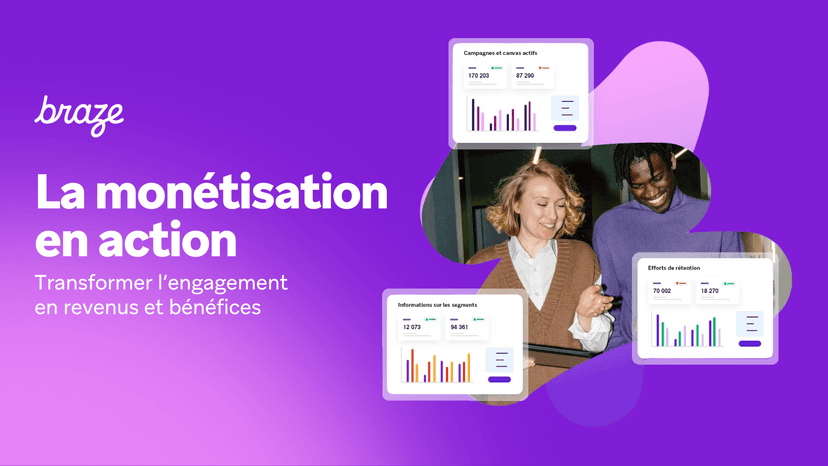 an advertisement for braze shows a man and woman looking at a tablet