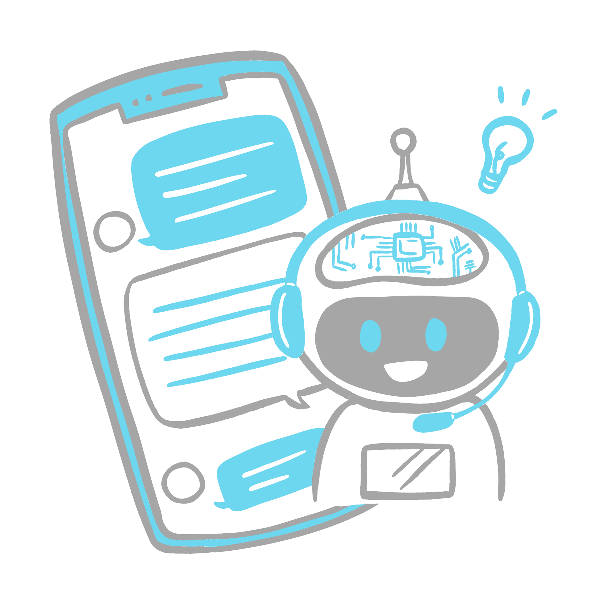 a drawing of a robot next to a cell phone