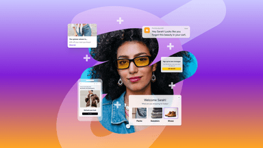 a woman wearing yellow glasses is surrounded by advertisements including one that says welcome sarah