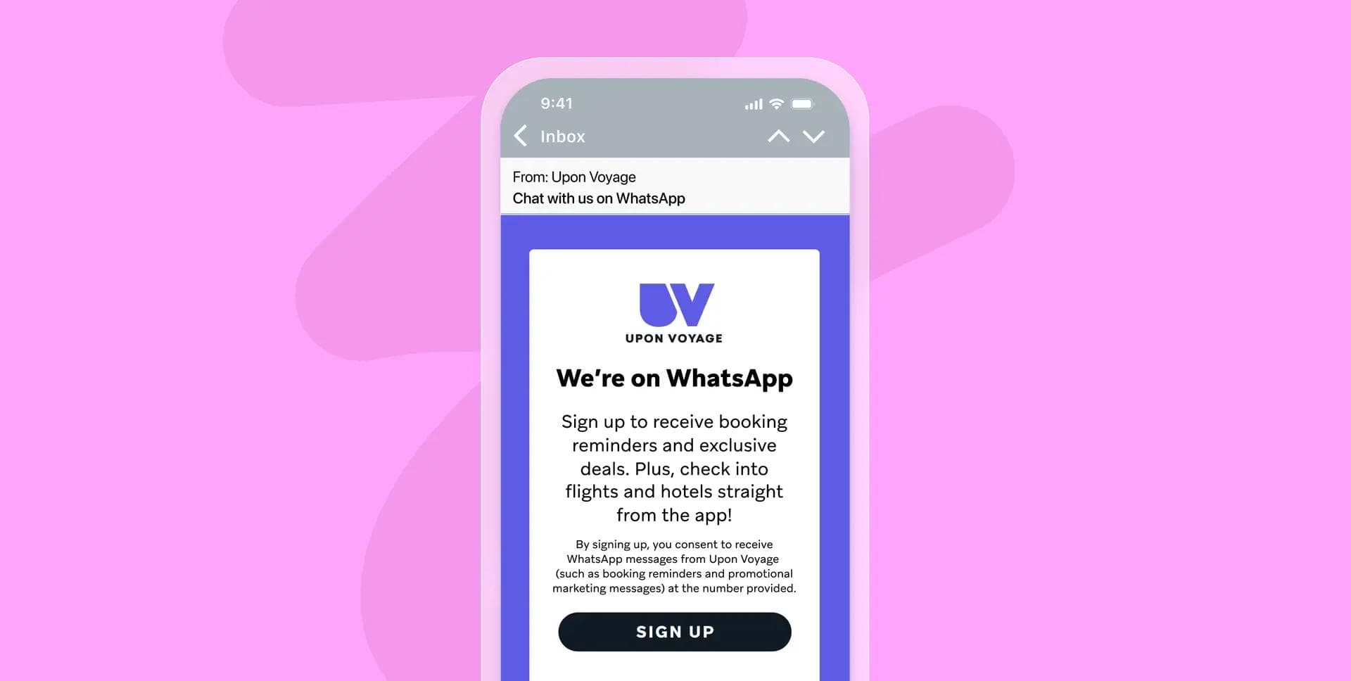 Promoção de cadastro para receber ofertas e check-in via WhatsApp.