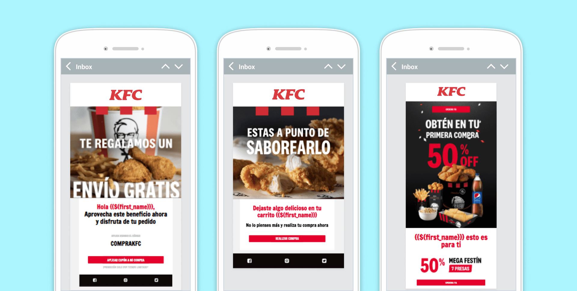 3 phones with in-app messages from KFC Ecuador