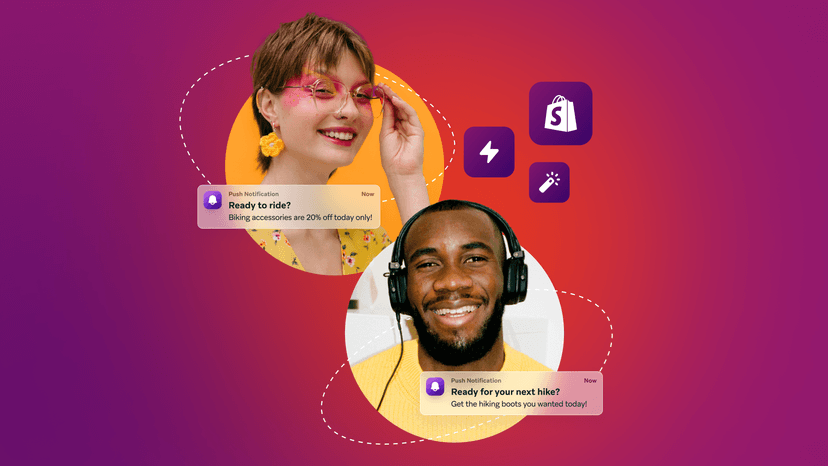A man wearing headphones is pictured in one circle, and a woman wearing sunglasses is pictured in another circle. The icons and messages surrounding them suggest an online transaction is happening.