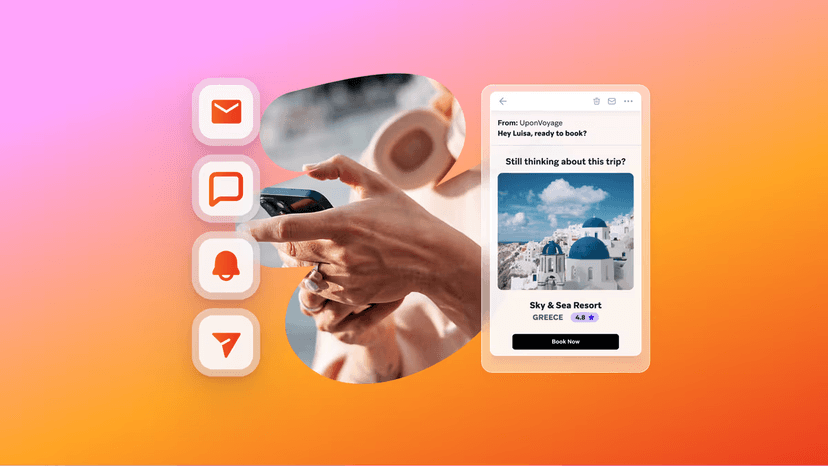 Mãos segurando um smartphone ao lado de uma tela de celular com oferta de viagem para um resort à beira-mar, sobre fundo em degradê rosa e laranja com ícones de mensagens e notificações.
