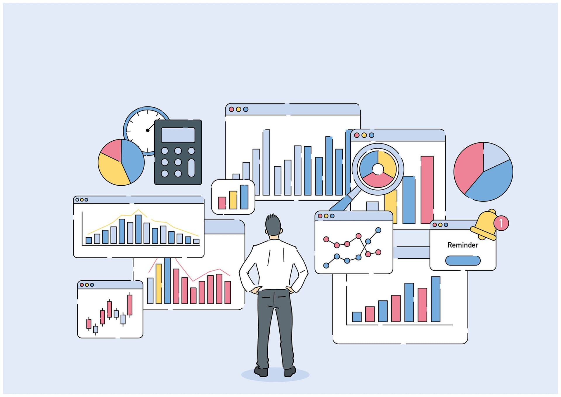 a man is looking at a bunch of graphs and charts on a computer screen .