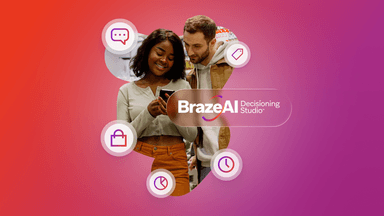 A man and woman looking at a smartphone, surrounded by icons for chat, shopping, analytics, time, and pricing, with the "BrazeAI Decisioning Studio" logo.