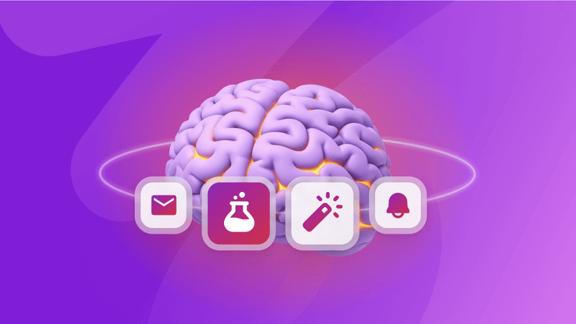 3D brain with a glowing core surrounded by icons for mail, science, magic, and notifications.