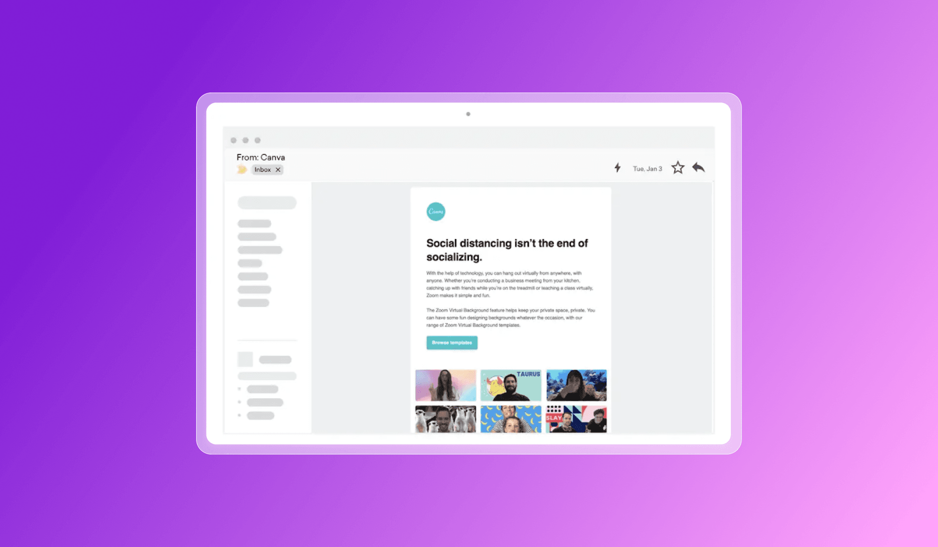A tablet displaying an email from Canva titled "Social distancing isn't the end of socializing," showcasing virtual background examples.