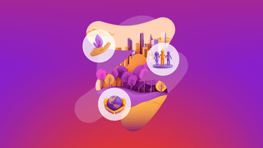 Stylized city and nature scene with icons for sustainability, global care, and community.