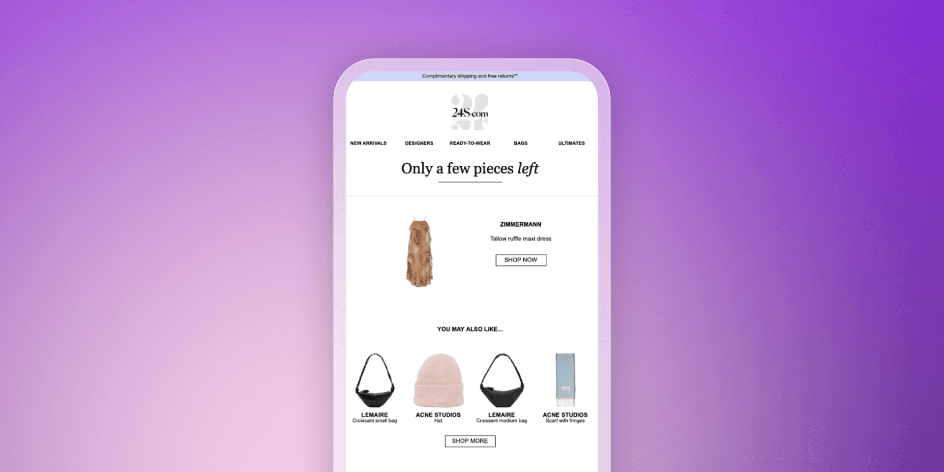 A mobile phone displaying an e-commerce website with a "few pieces left" skirt and other accessories, against a purple gradient background.