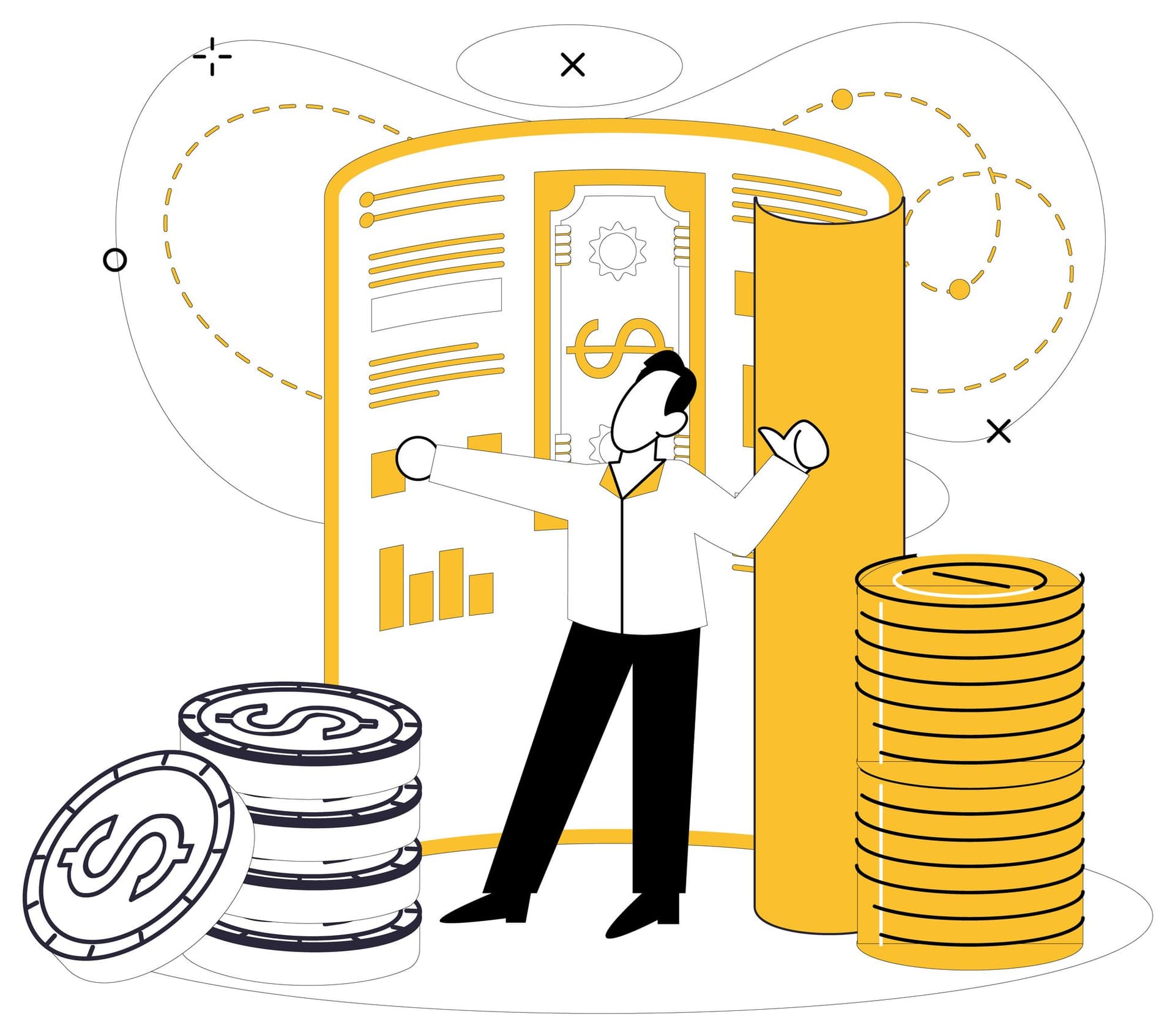 a man is standing next to a stack of coins and a stack of money .