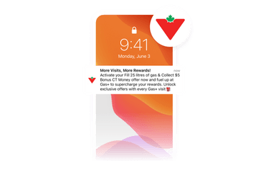 a phone screen shows a message that says more visits more rewards