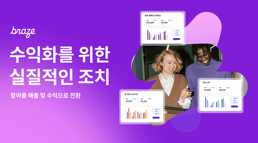 Braze logo, Korean text about monetization, and two smiling people with multiple data charts floating around them.
