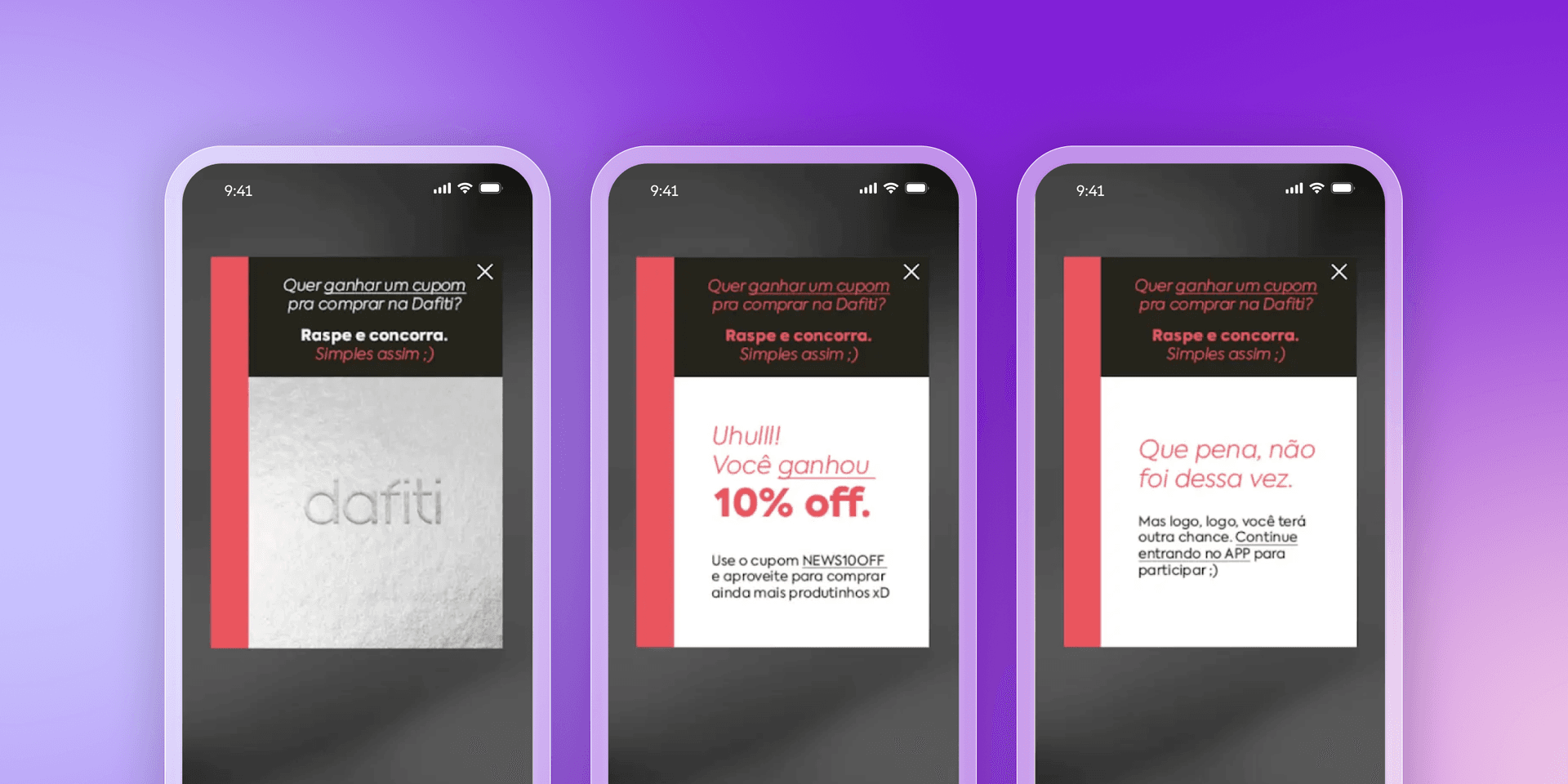 Three smartphone screens display a Dafiti scratch-off game, showing the initial state, a 10% off win, and a loss.