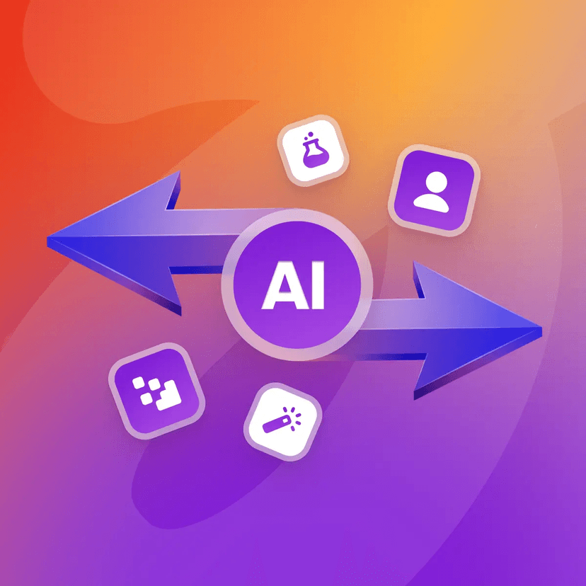 Círculo central de IA com setas bidirecionais que ligam a ícones de usuário, pesquisa, dados e criatividade.