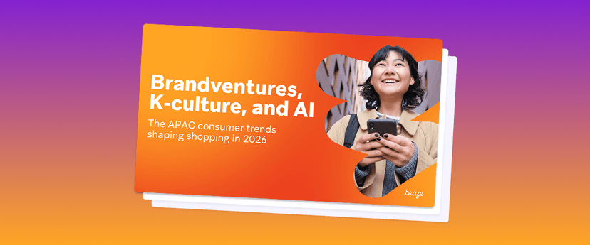 A report cover titled 'Brandventures, K-culture, and AI: The APAC consumer trends shaping shopping in 2026,' featuring a smiling woman holding a phone.