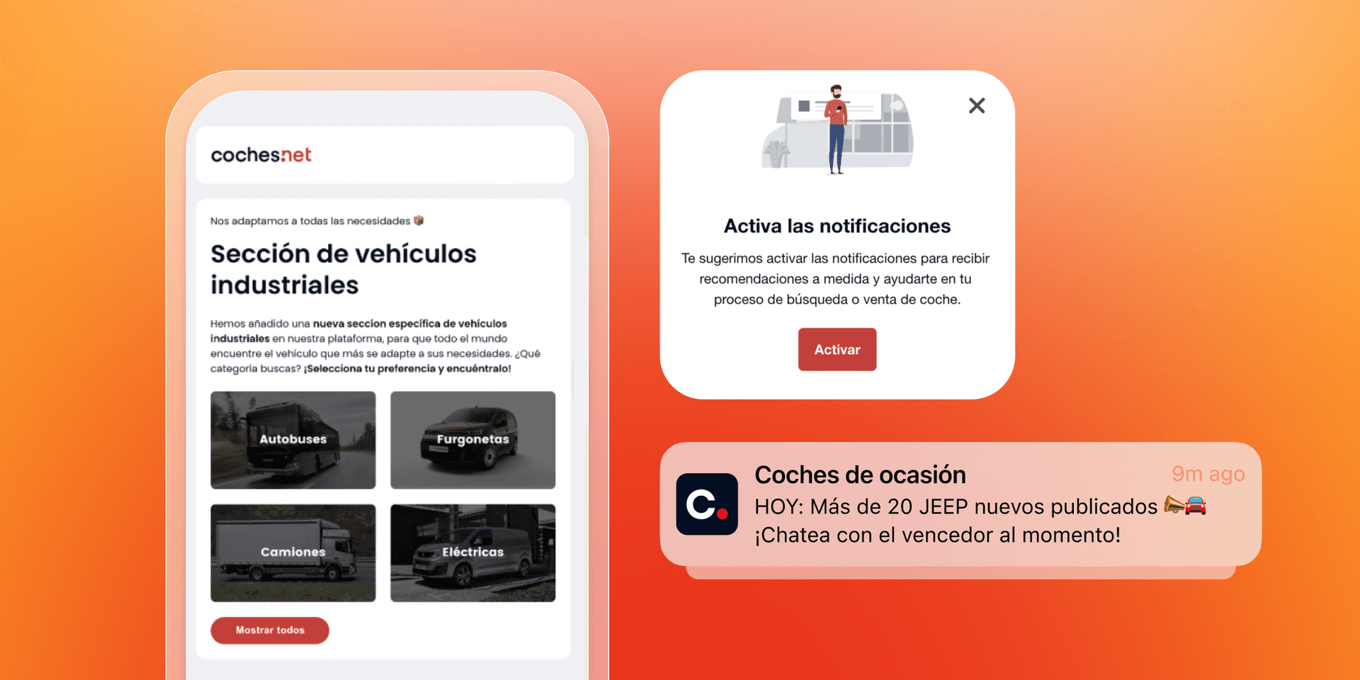 A mobile phone displaying a "Coches.net" app page for industrial vehicles, next to notification prompts for activating alerts and new Jeep listings.