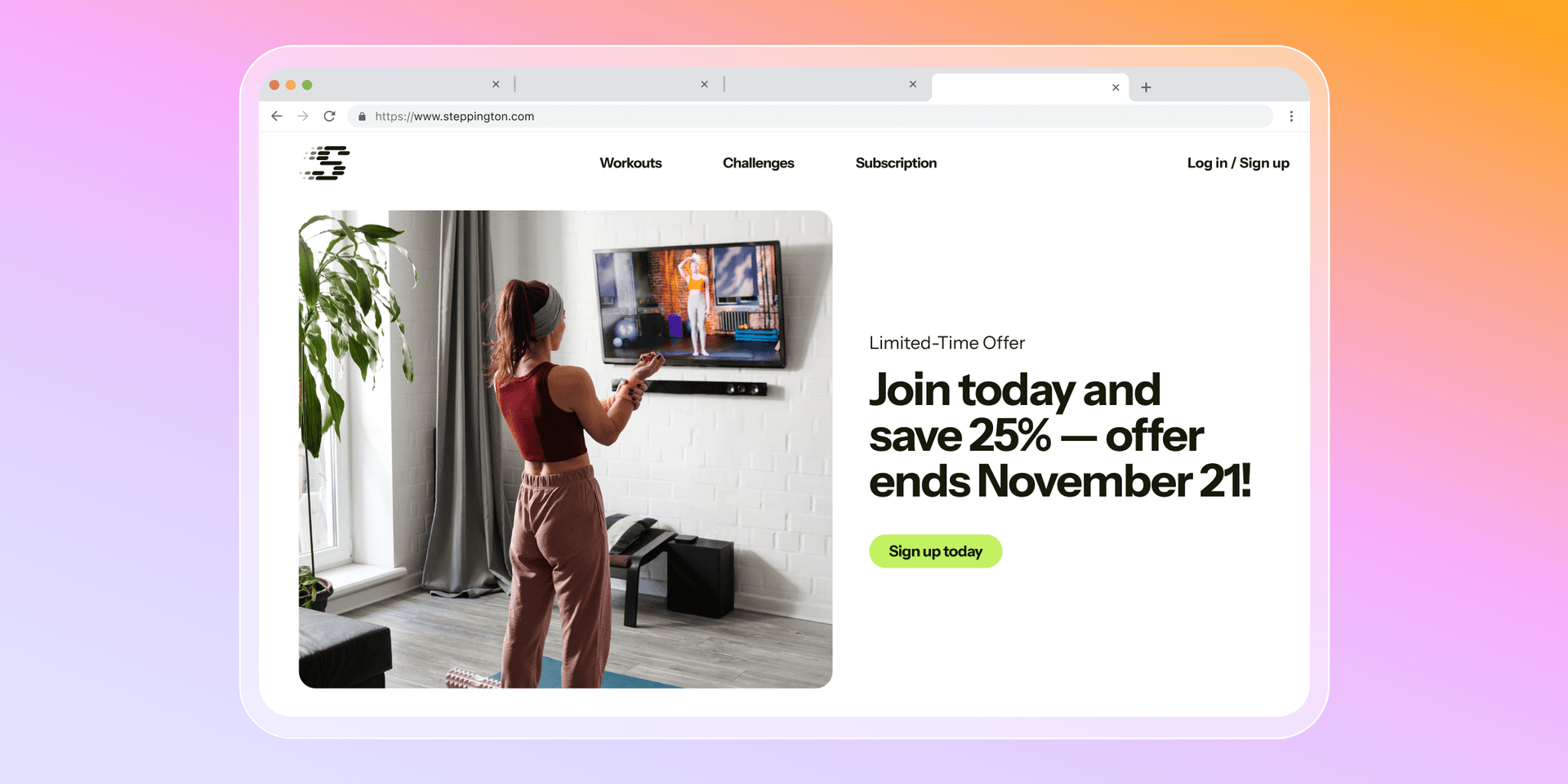 A web browser displaying a fitness website homepage with a woman exercising at home and a "Save 25%" offer.