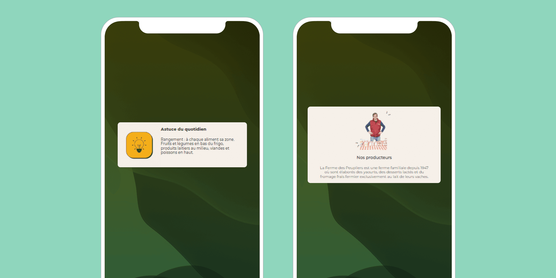 毎日のヒント<br />
保管: 各食品には独自のエリアがあります。冷蔵庫の一番下に果物と野菜、真ん中に乳製品、一番上に肉と魚。<br />
<br />
私たちの生産者<br />
La Ferme des Peupliers は 1947 年以来家族経営の農場で、ヨーグルト、乳製品デザート、農場の新鮮なチーズが牛のミルクだけから作られています。