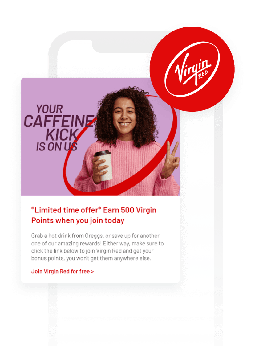 Virgin Red advertisement on a phone screen, featuring a smiling woman with coffee and an offer to earn 500 points.