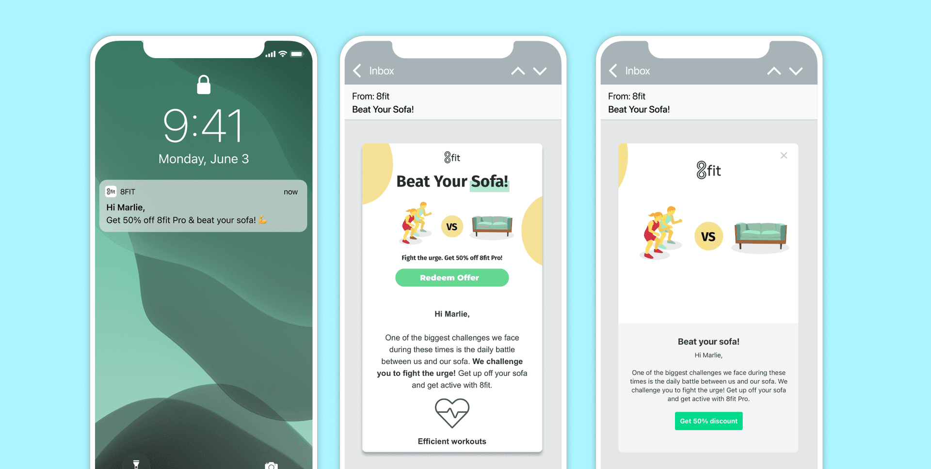 Three phones showing 8fit's emails using AI