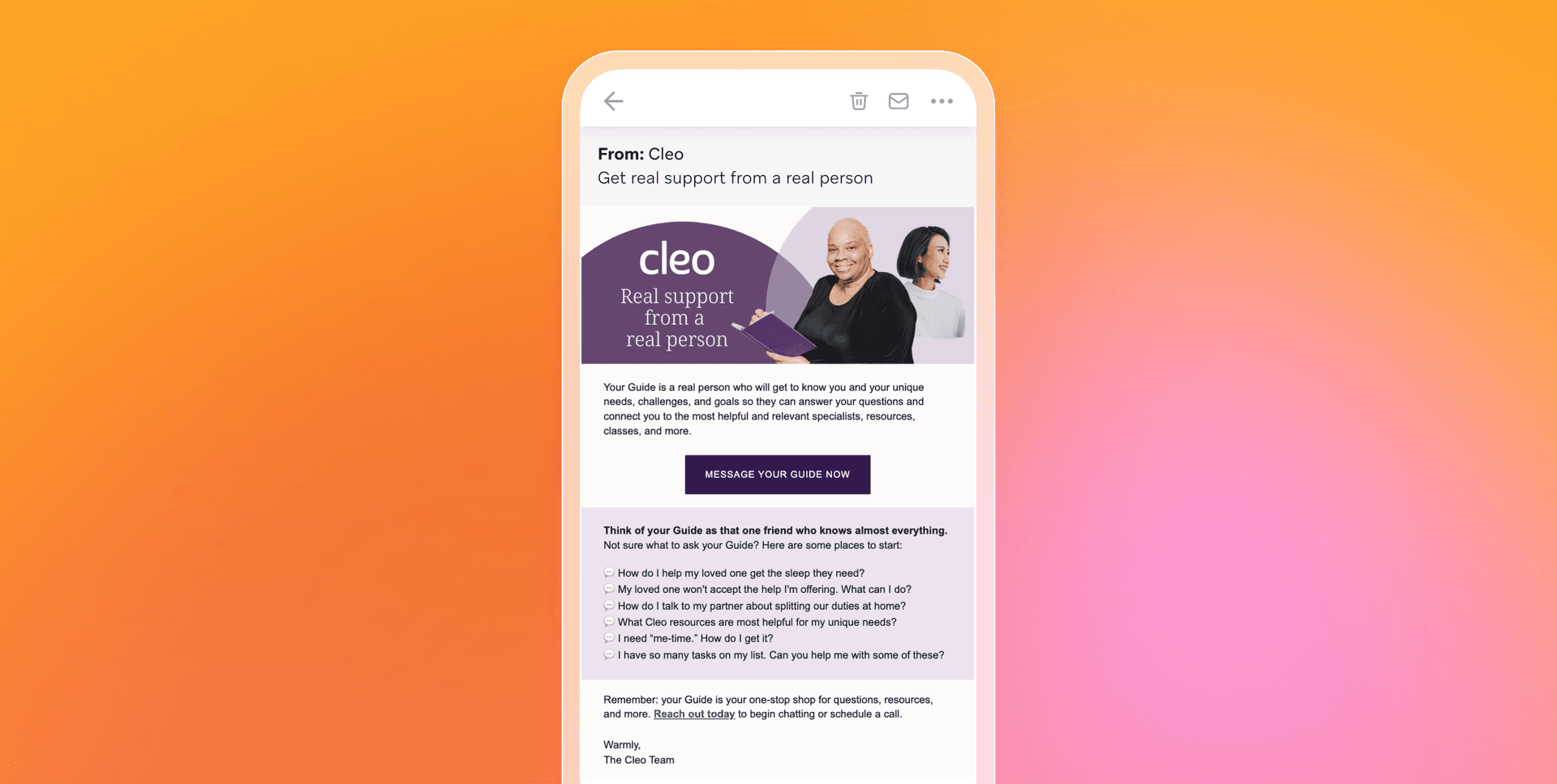An email from Cleo about how to get support from a real person