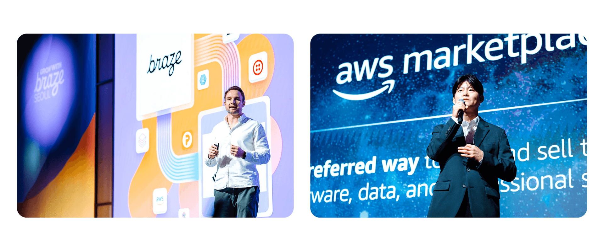 Two men present on stage: one in a white shirt with "Braze" branding, and another in a suit with "AWS Marketplace" branding.