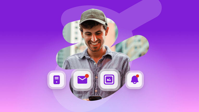 Smiling man on phone with server, email, gallery, and notification icons on a purple abstract background.