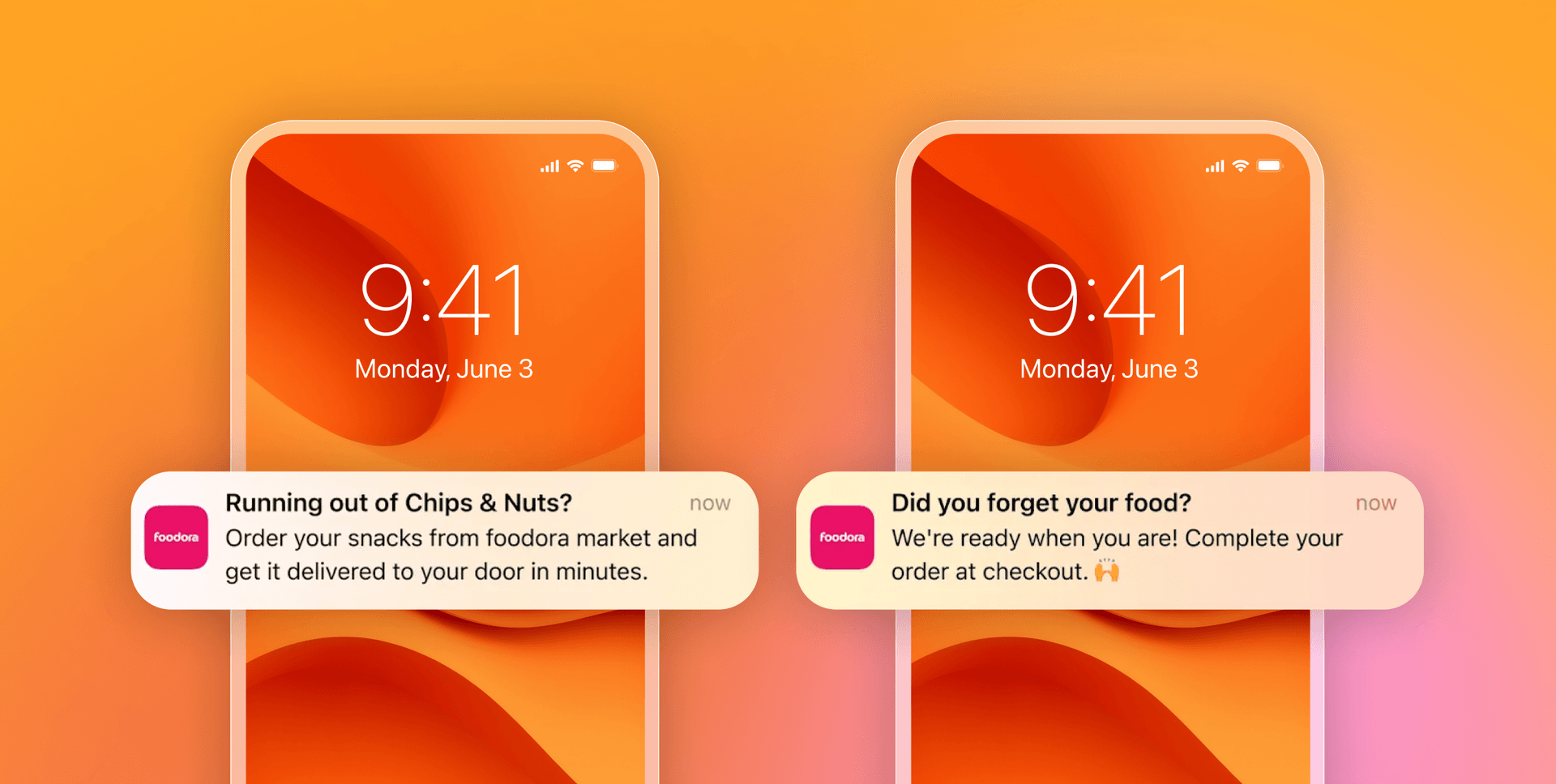Two push notifications from foodora with updates on food