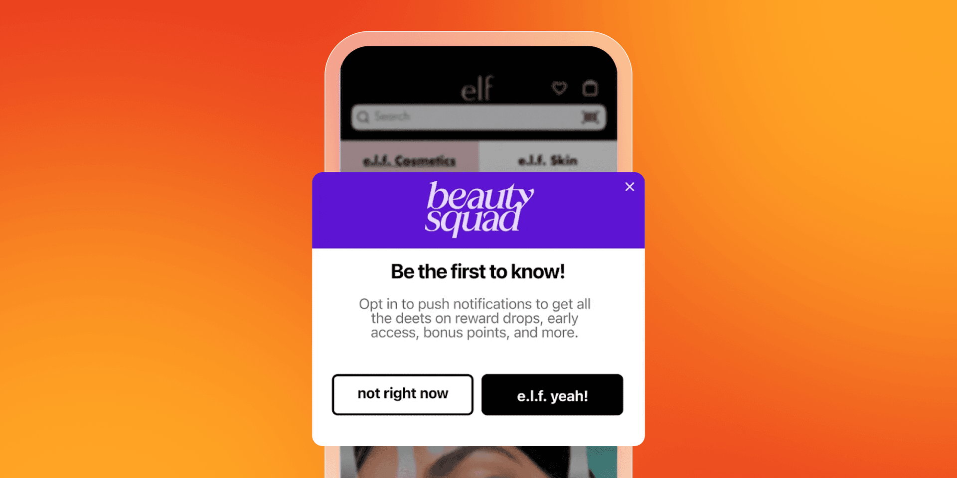 A mobile phone displaying the e.l.f. Cosmetics app with a "Beauty Squad" pop-up asking to enable push notifications for rewards.