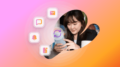 a woman is looking at her phone with a refresh icon on it