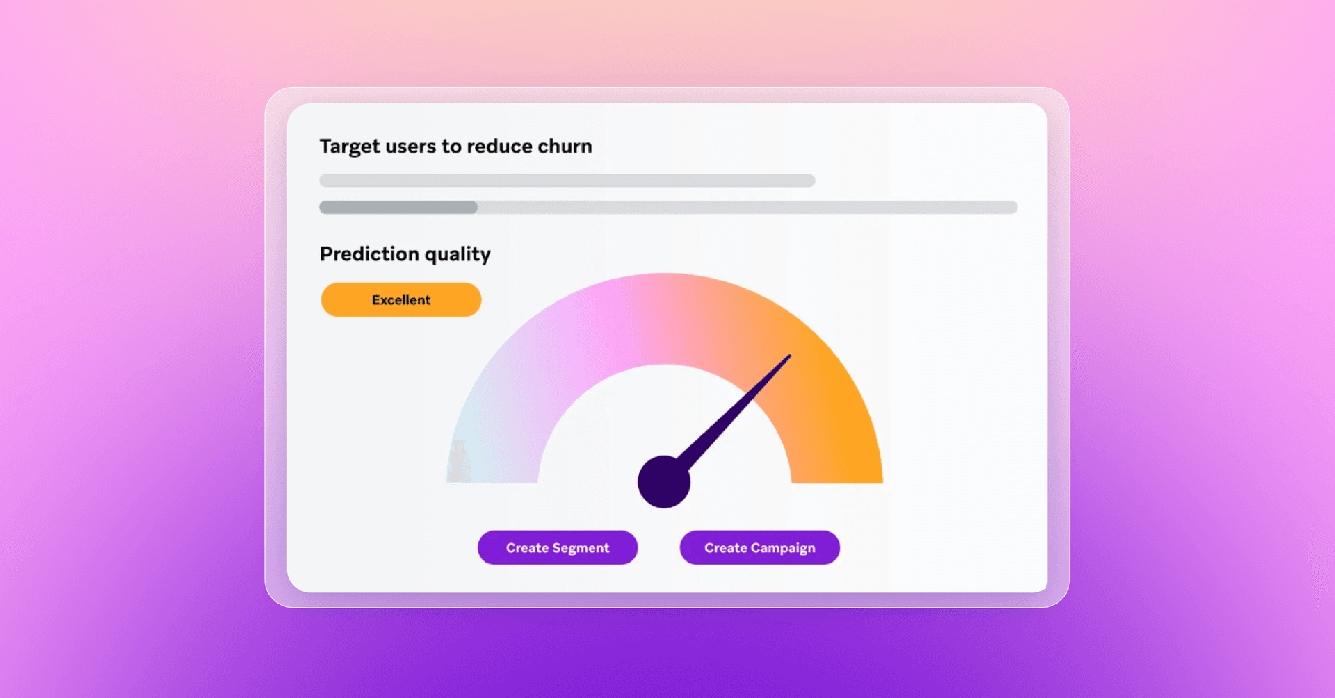 User interface for churn reduction showing 'Excellent' prediction quality on a colorful gauge, with 'Create Segment' and 'Create Campaign' buttons.