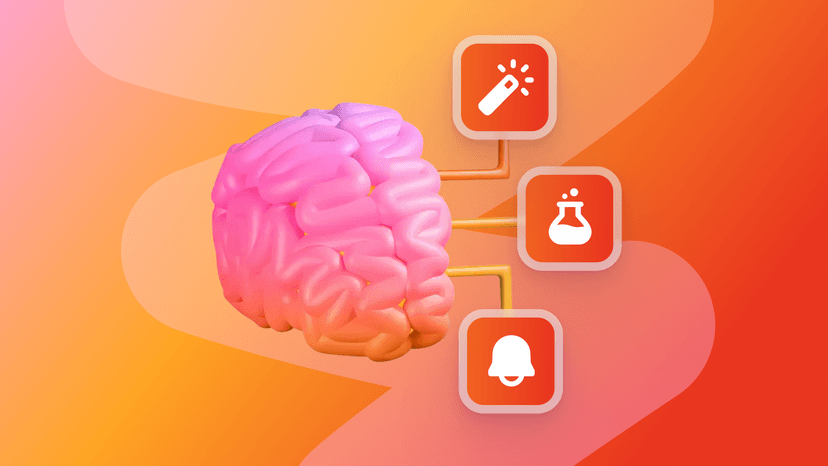 A pink and orange stylized brain connected to a magic wand, flask, and bell icons.