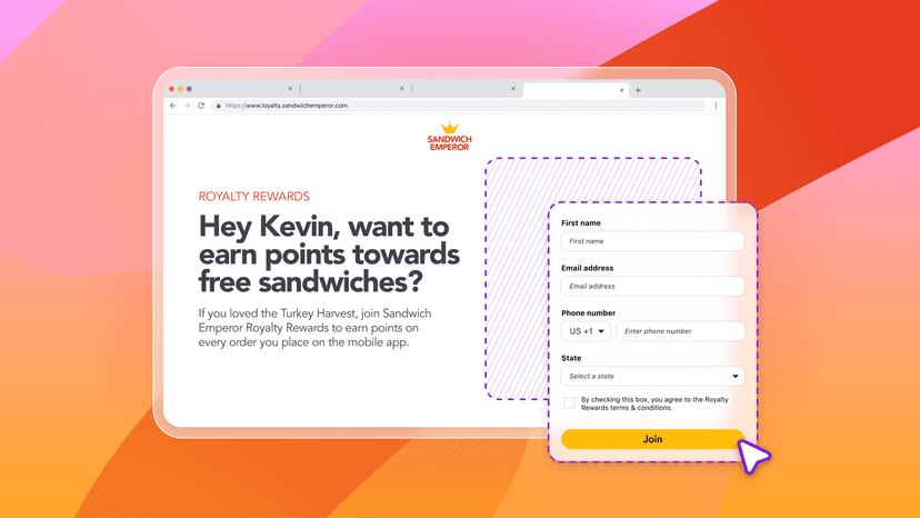 サンドイッチ・エンペラーのロイヤルティ報酬プログラムのウェブページ。無料サンドイッチを獲得するための登録フォームがあり、カーソルが「参加」ボタンを指している。